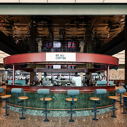 Interior photograph of ST. ALi Kiosk Melbourne Airport by Tom Blachford