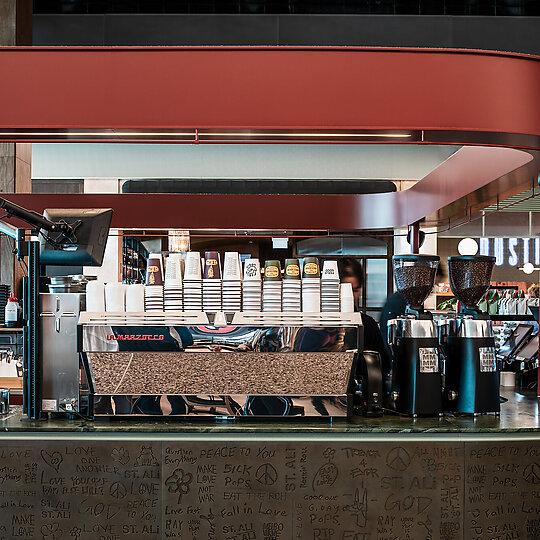 Interior photograph of ST. ALi Kiosk Melbourne Airport by Tom Blachford