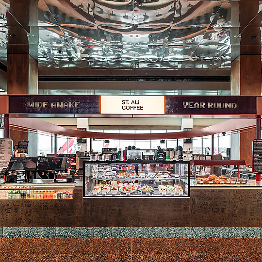 Interior photograph of ST. ALi Kiosk Melbourne Airport by Tom Blachford