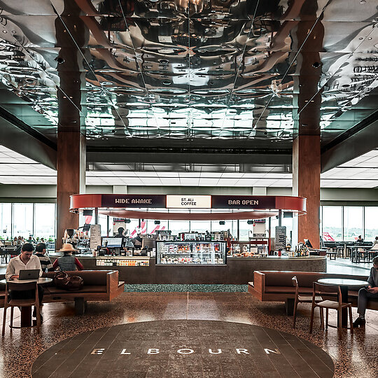 Interior photograph of ST. ALi Kiosk Melbourne Airport by Tom Blachford